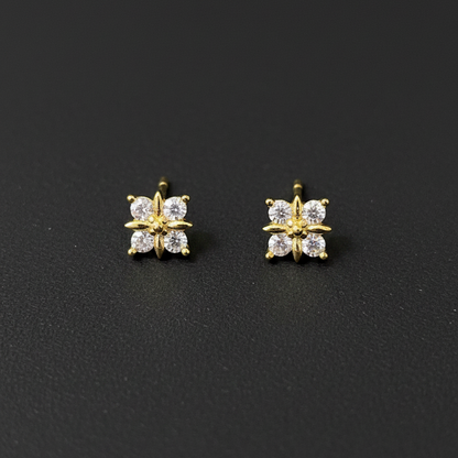 925 Silver Gold Finish Floral Stud Earrings | CZ Elegant Earrings with Ball Screw Back
