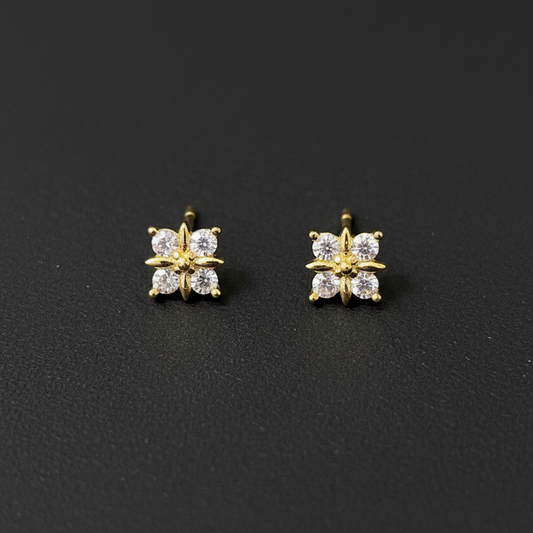 925 Silver Gold Finish Floral Stud Earrings | CZ Elegant Earrings with Ball Screw Back