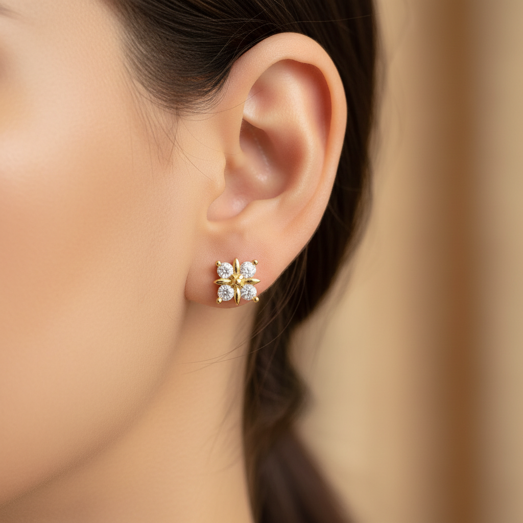 925 Silver Gold Finish Floral Stud Earrings | CZ Elegant Earrings with Ball Screw Back