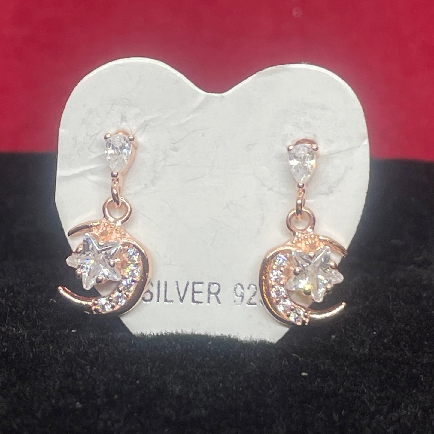 Rose Gold Plated 92.5 Sterling Silver CZ Star & Crescent Moon Drop Earrings for Women | Pear CZ Stud with Pavé Moon Dangle | Second Piercing Earring Pair