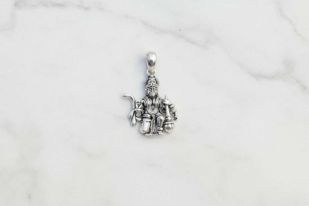 92.5 Silver Oxidised Veer Hanuman Pendant for Men & Women | Sacred Antique Finish | Spiritual Jewellery