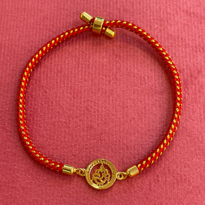 Silver Ganesha Rakhi for Brother | Gold Plated CZ Circular Charm with Red Thread