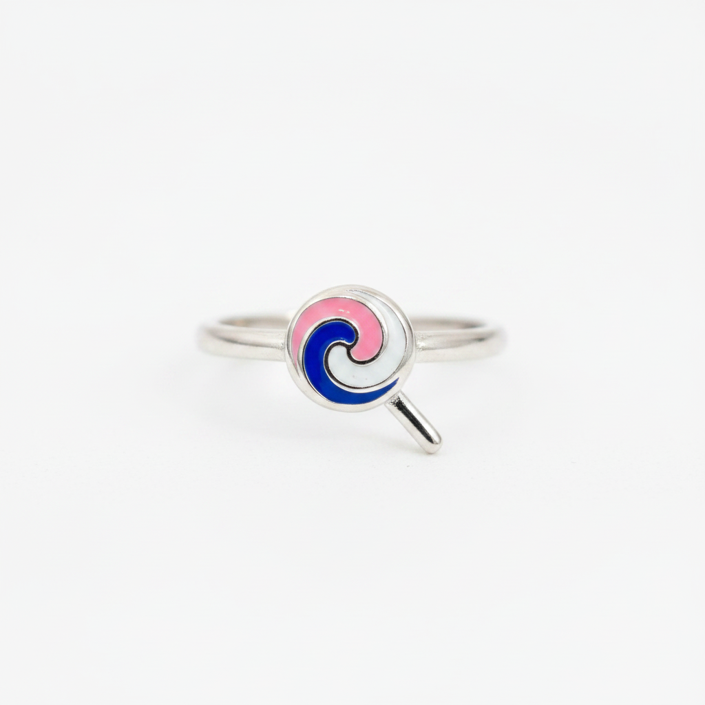 92.5 Sterling Silver Multicolour Enamel Lollipop Swirl Charm Kids Finger Ring — Size 2
