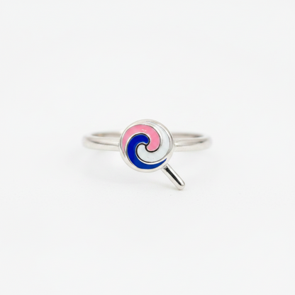 92.5 Sterling Silver Multicolour Enamel Lollipop Swirl Charm Kids Finger Ring — Size 2