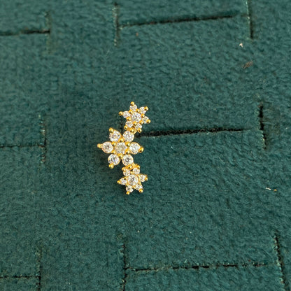 92.5 Silver Gold Plated Triple Flower Stud Earrings Pair