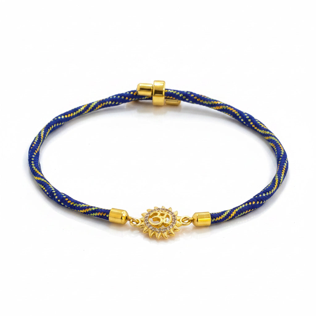 925 Silver Om Sun Rakhi for Brother | Gold Plated Charm on Royal Blue Thread