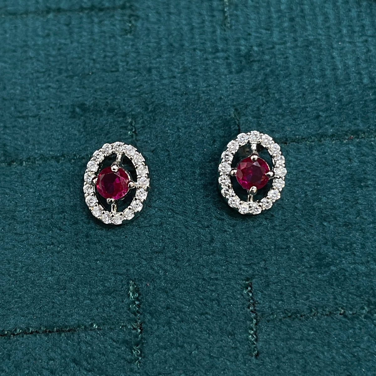 92.5 Sterling Silver Earrings for Women | Oval Pink Stone with Open White Stone Halo pair