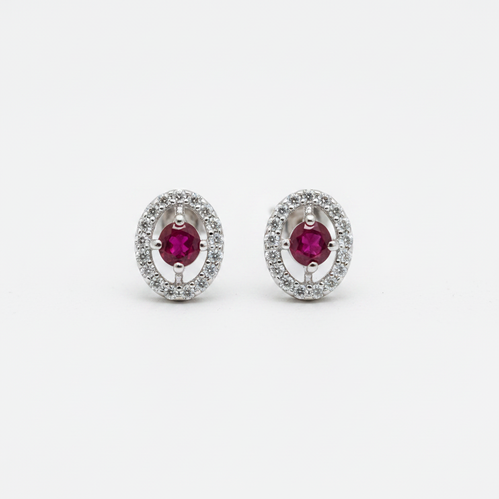 92.5 Sterling Silver Earrings for Women | Oval Pink Stone with Open White Stone Halo pair