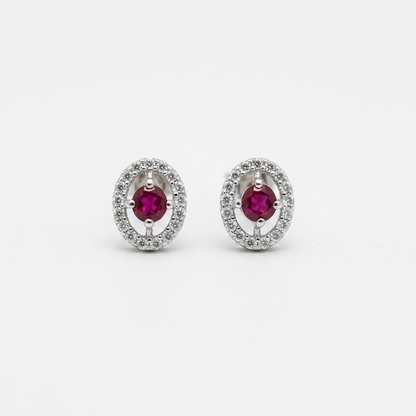 92.5 Sterling Silver Earrings for Women | Oval Pink Stone with Open White Stone Halo pair
