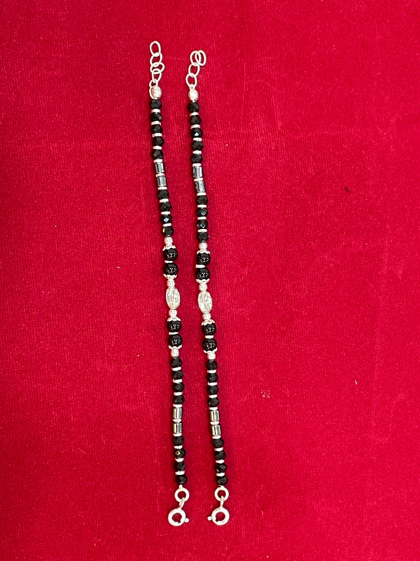 Silver Nazariya Black Bead Anklet for Kids | Set of 2 with CZ Oval Charm