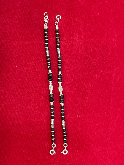 Silver Nazariya Black Bead Anklet for Kids | Set of 2 with CZ Oval Charm