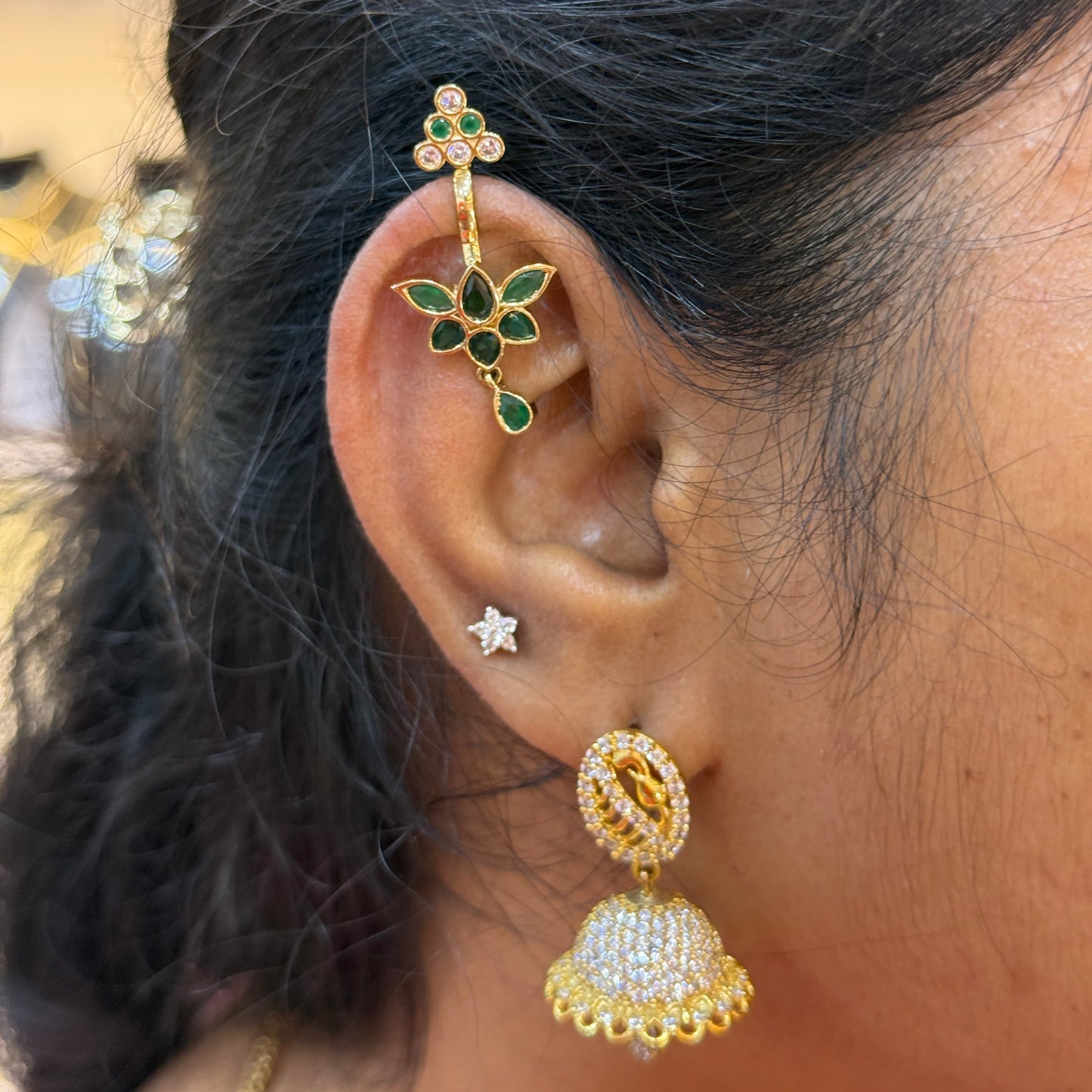 92.5 Silver Emerald Lotus Press-On Bugadi for Women | Temple Style Non-Piercing Ear Cuff | Traditional Jewellery