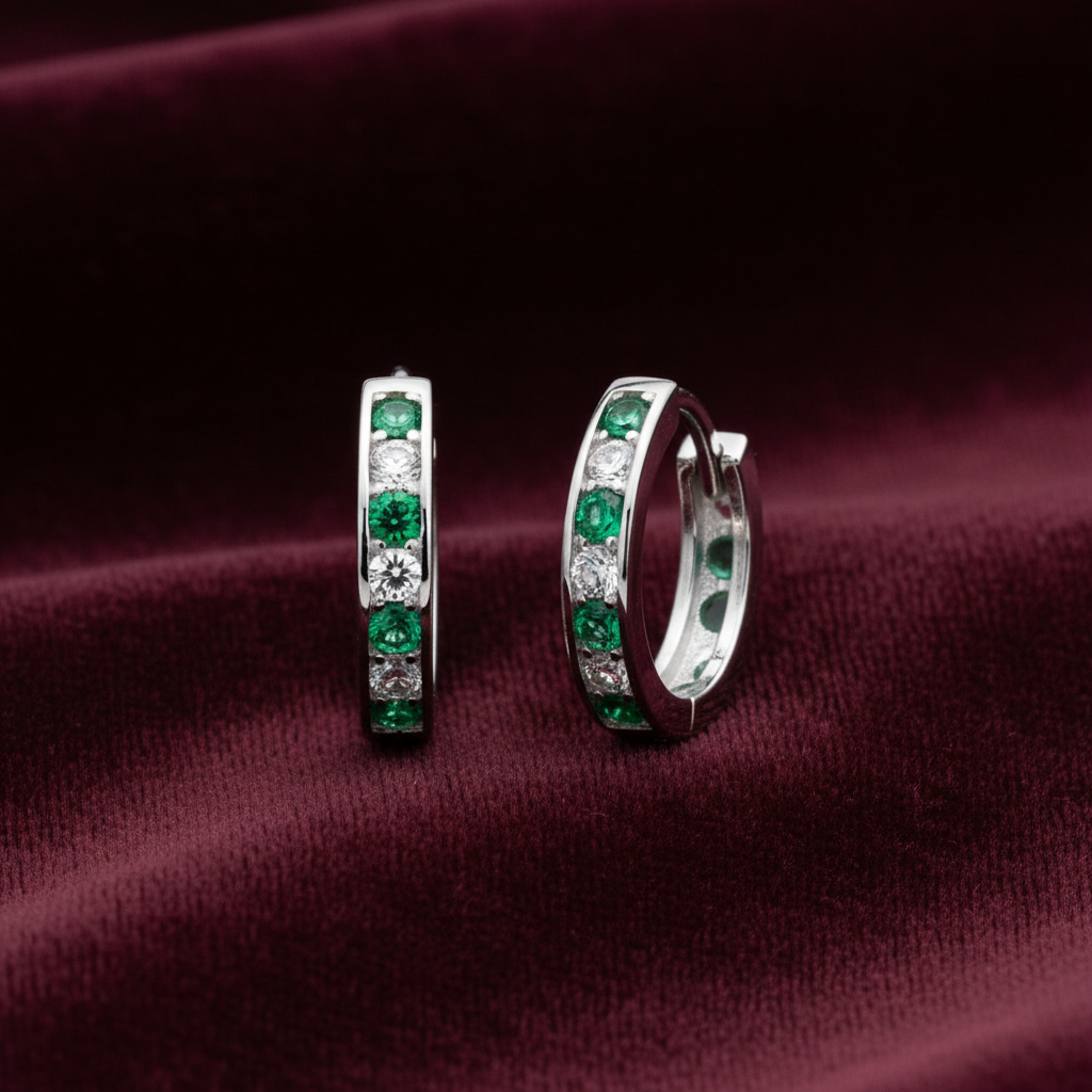 925 Silver Green Hoops