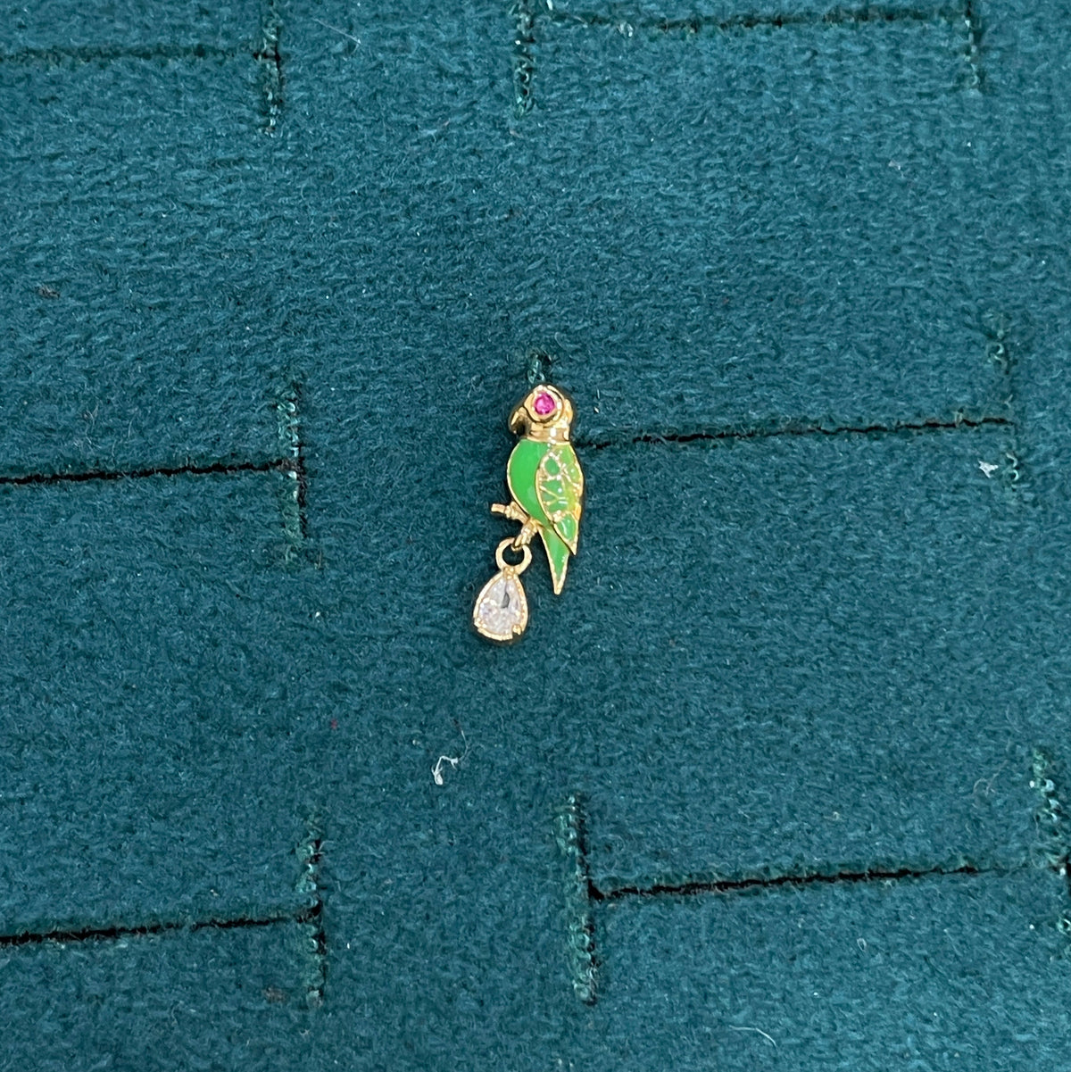 92.5 Sterling Silver Gold Plated Green Enamel Parrot & White CZ Pear Drop Earrings for Women
