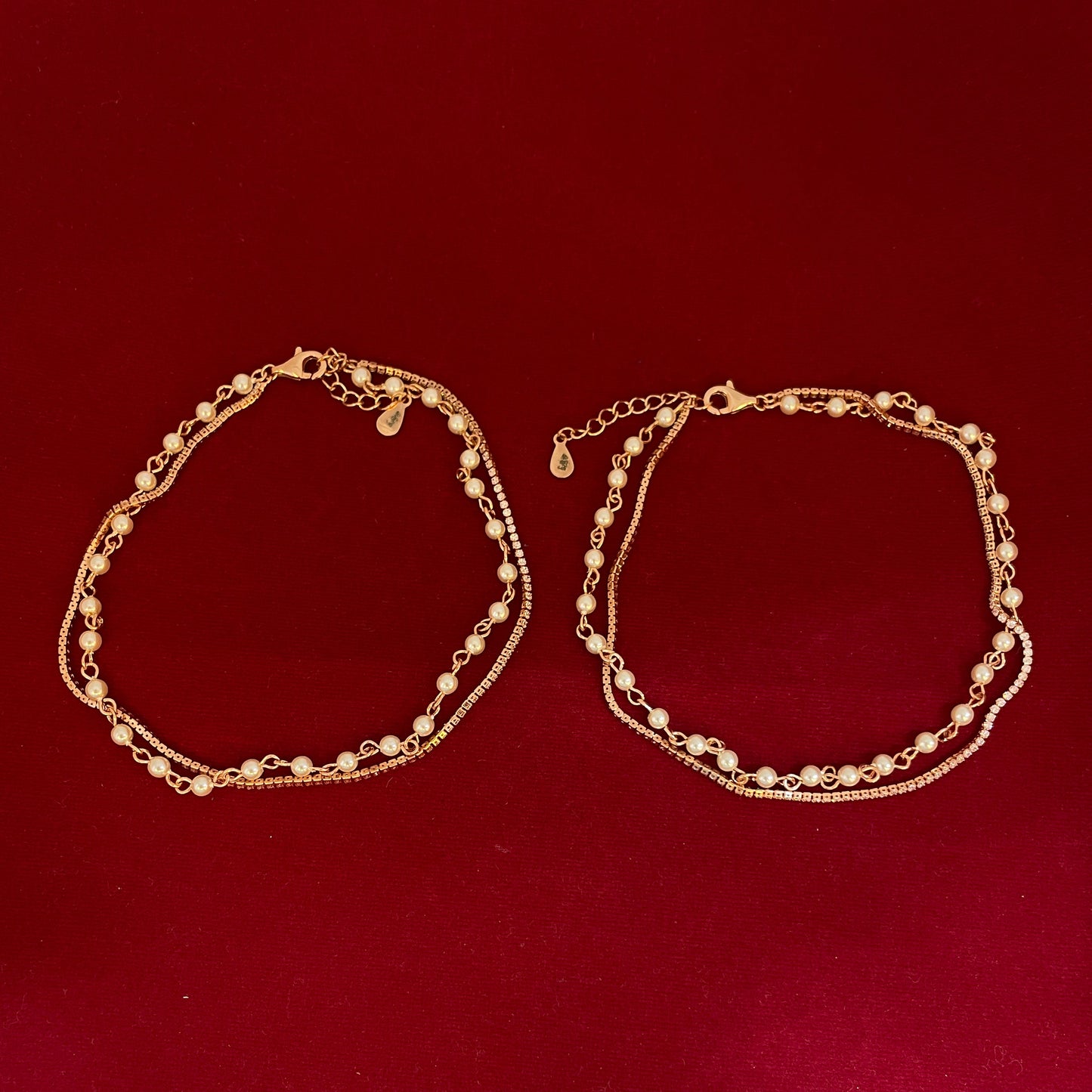 925 Silver Rose Gold Double Layer Pearl & CZ Anklet Pair