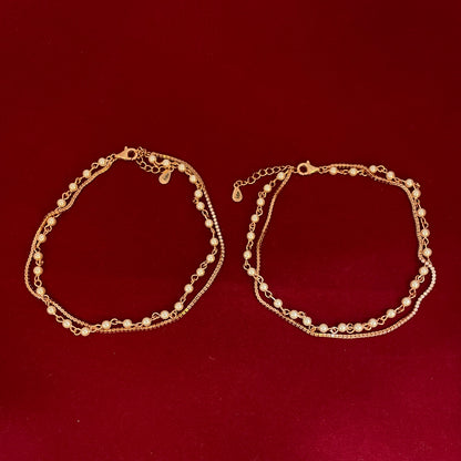 925 Silver Rose Gold Double Layer Pearl & CZ Anklet Pair