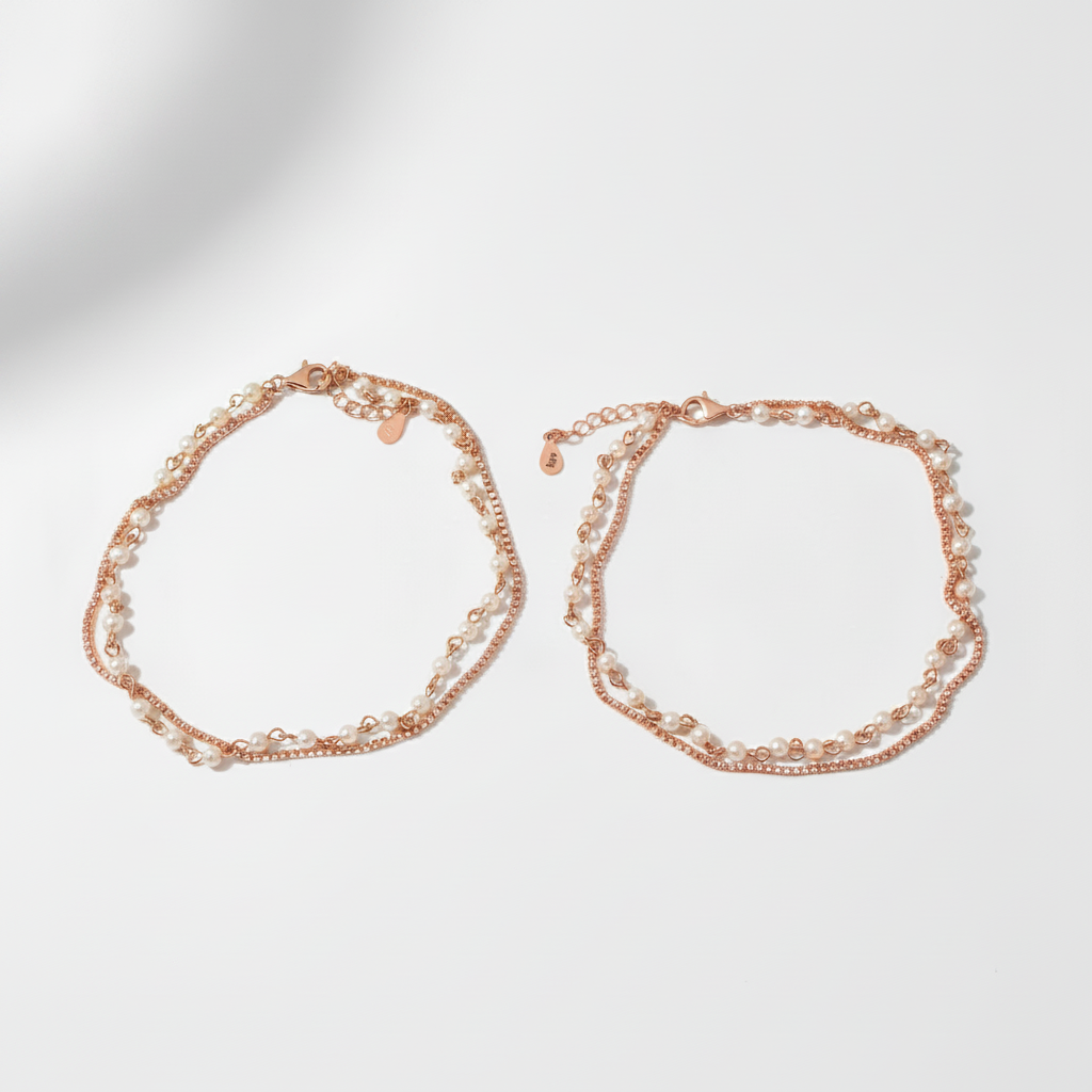 925 Silver Rose Gold Double Layer Pearl & CZ Anklet Pair