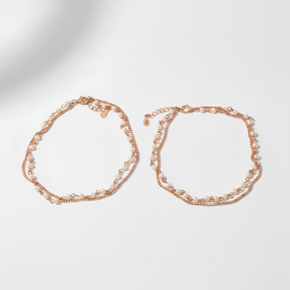 925 Silver Rose Gold Double Layer Pearl & CZ Anklet Pair