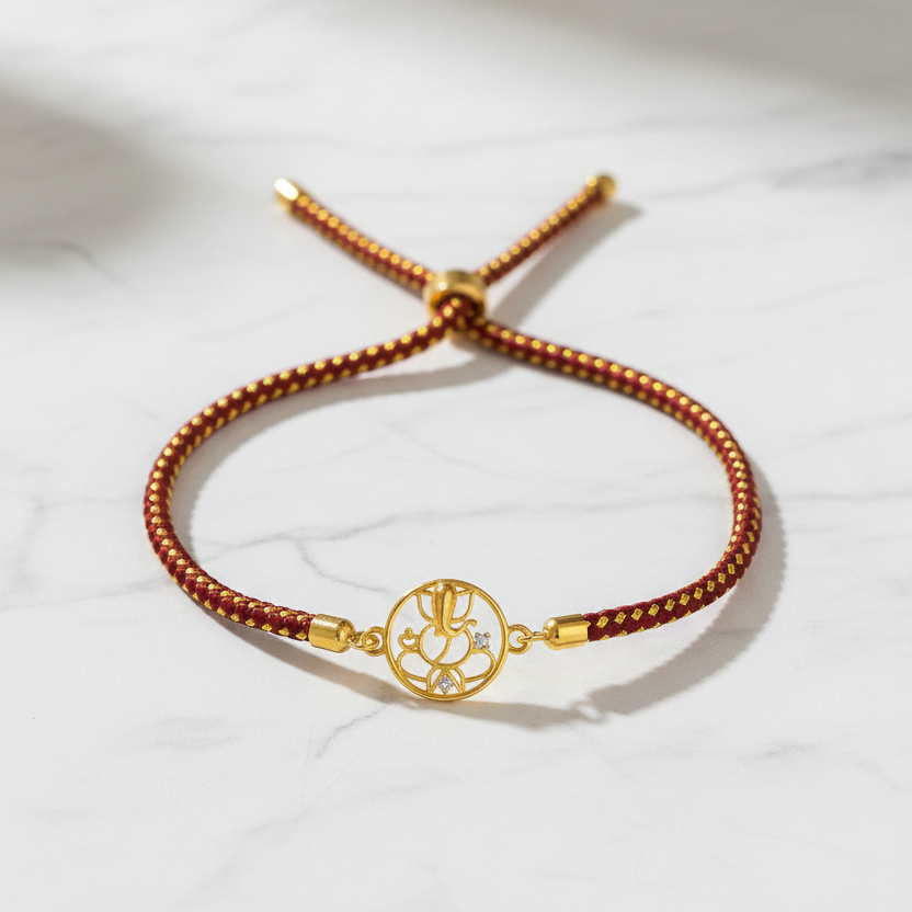 925 Silver Ganesha Rakhi for Brother | Gold Plated Circular Charm on Maroon Thread