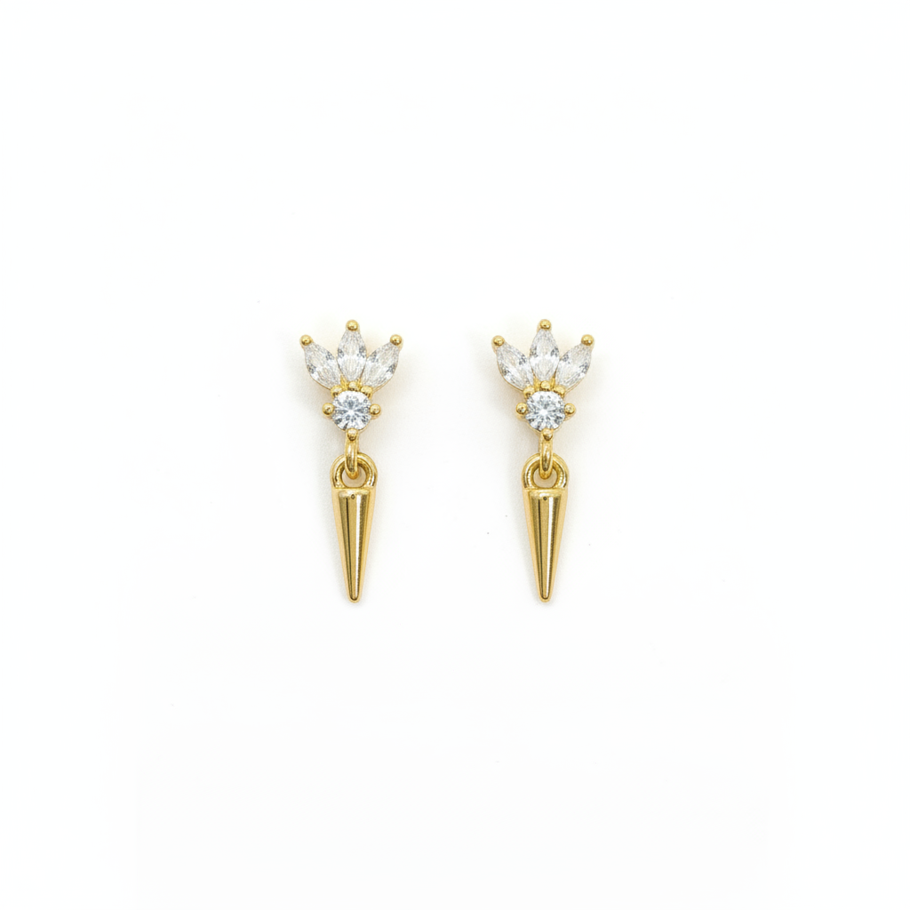 92.5 Sterling Silver Gold Plated Marquise & Round White CZ Lotus Crown & Gold Spike Drop Earrings for Women