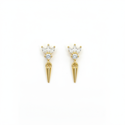 92.5 Sterling Silver Gold Plated Marquise & Round White CZ Lotus Crown & Gold Spike Drop Earrings for Women