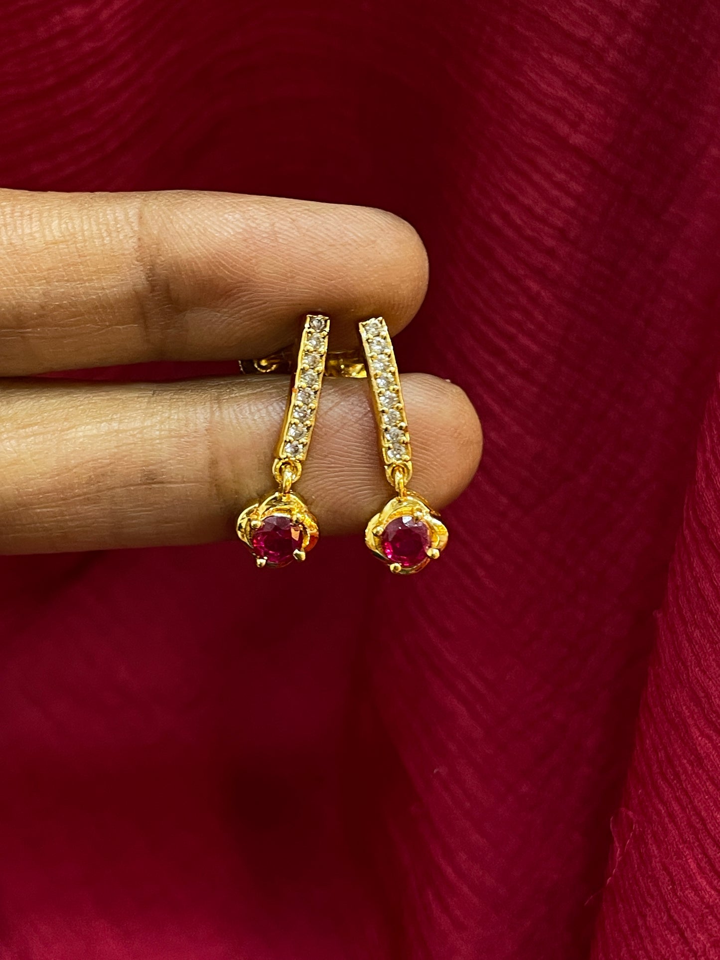 925 Silver Gold Plated Ruby Drop  Earrings
