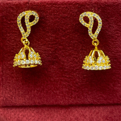 92.5 Silver Gold Plated White CZ Petite Jhumka Earrings for Women