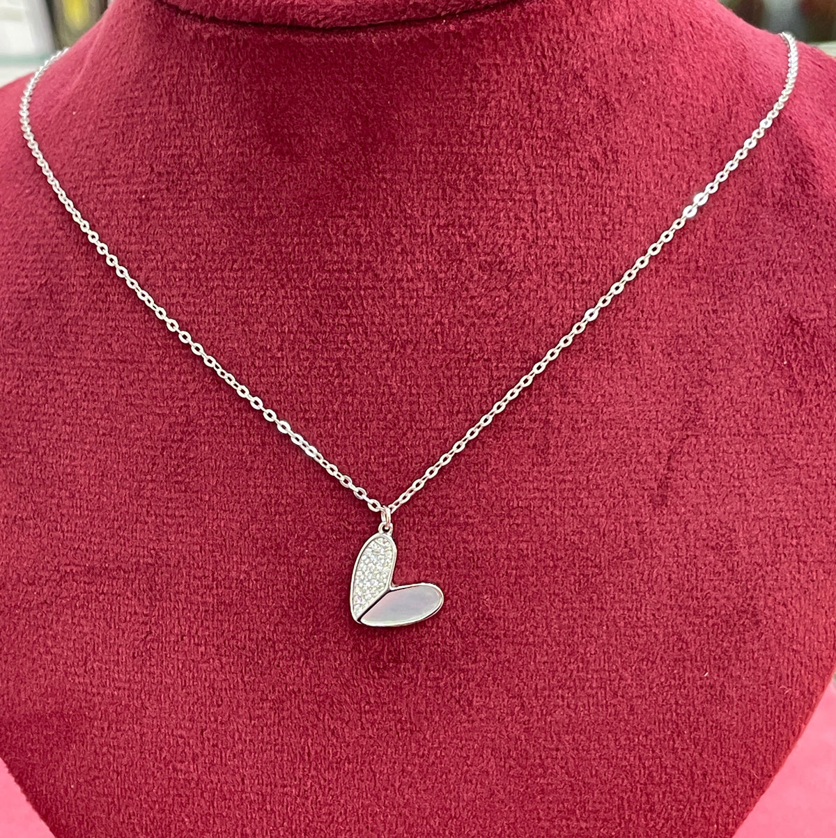 92.5 Silver MOP & Pave CZ Split Heart Pendant Necklace for Women