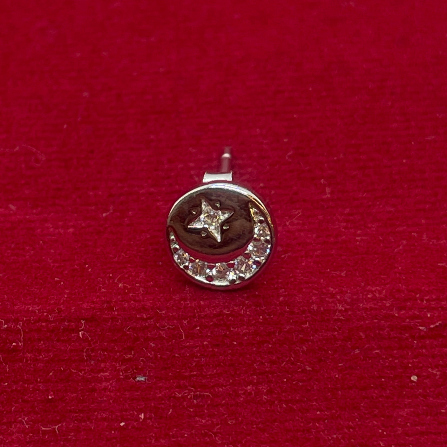 92.5 Sterling Silver CZ Crescent Moon & Star Disc Stud Earrings for Women | Celestial Moon Star Second Studs