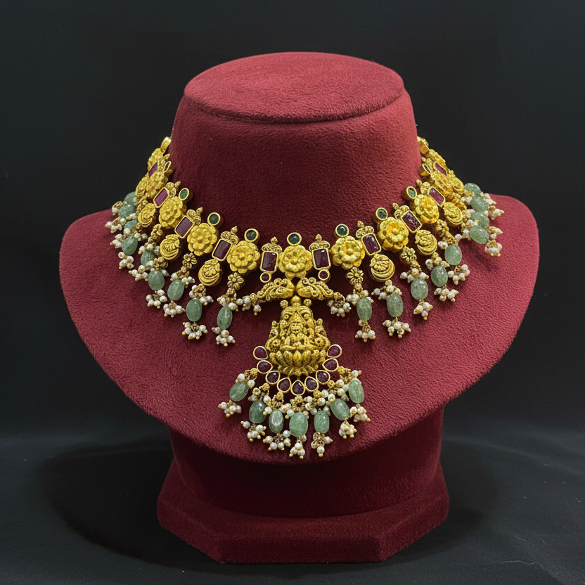 Gold and green jewelry set on a red cushion with a red fabric background