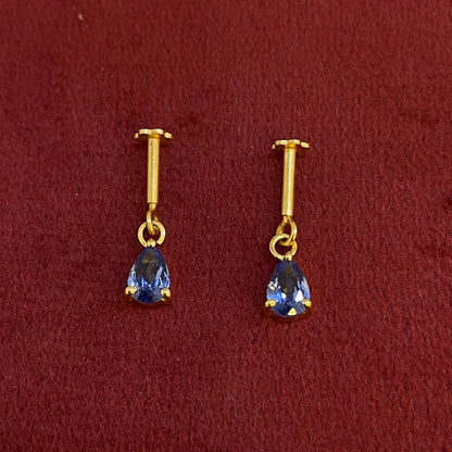 92.5 Silver Gold-Plated Bugadi for Women | Blue Teardrop CZ Dangle on Bar Stud | Helix Earring pair