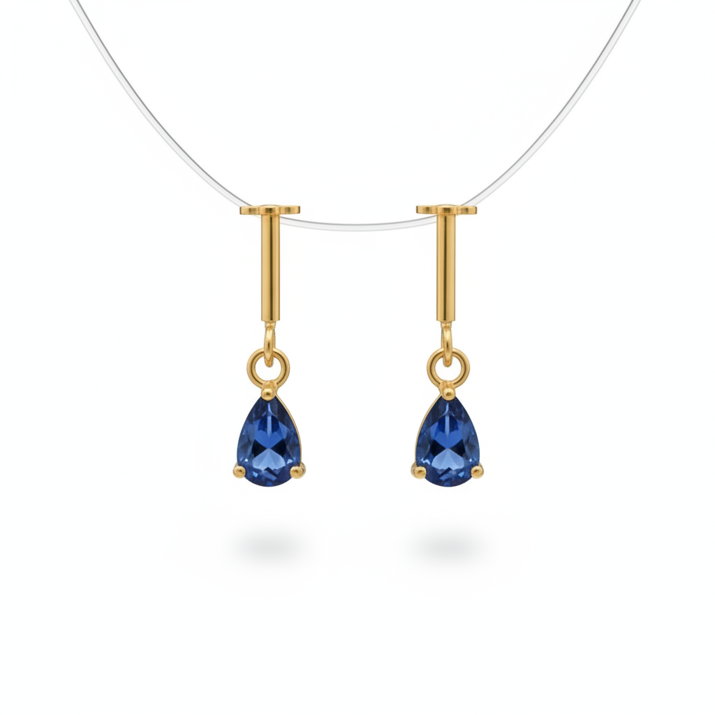 92.5 Silver Gold-Plated Bugadi for Women | Blue Teardrop CZ Dangle on Bar Stud | Helix Earring pair