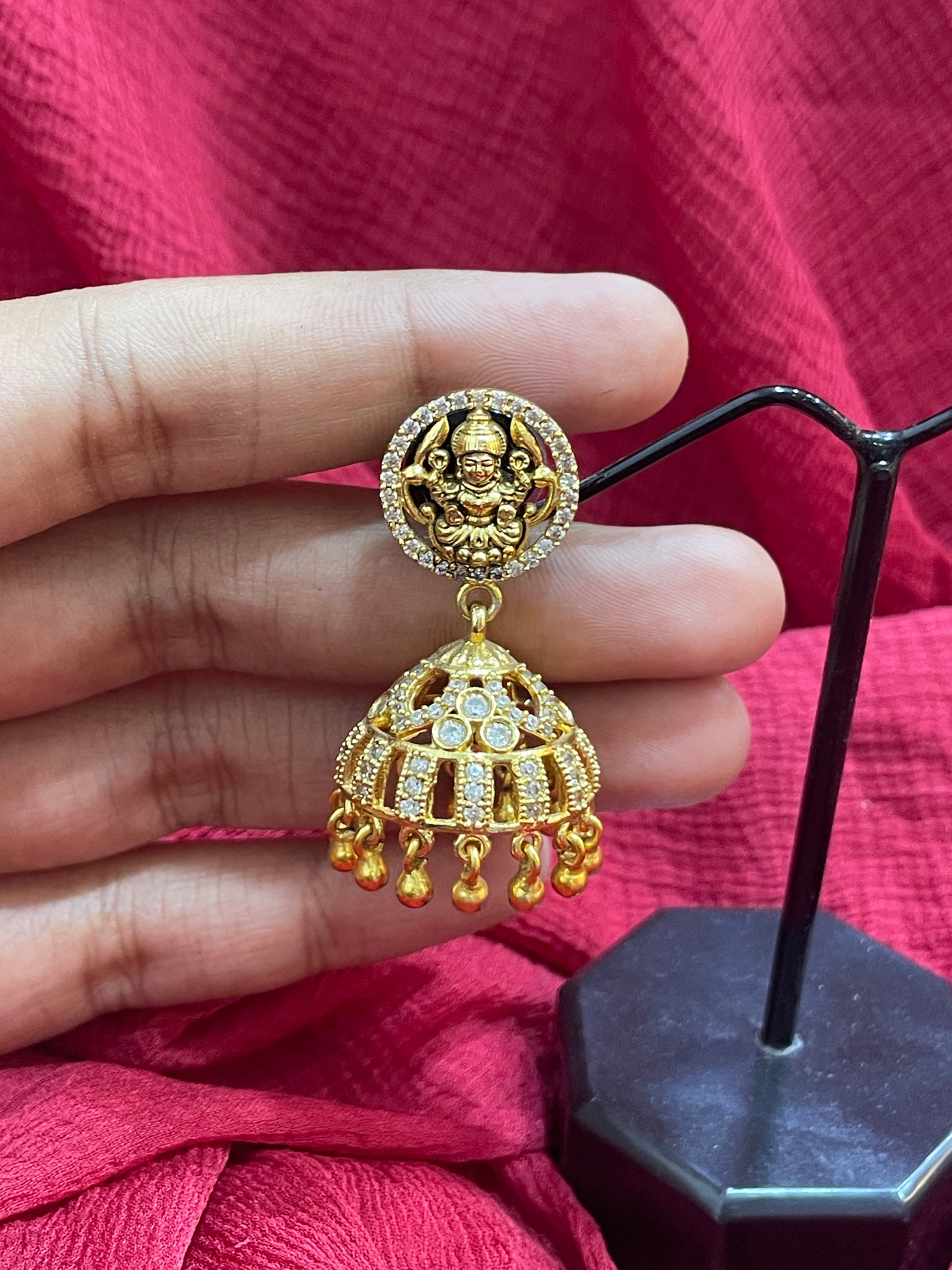 92.5 Silver Gold Plated Lakshmi Devi Jhumka Earrings for Women | Traditional Temple Style | Festive Jewellery