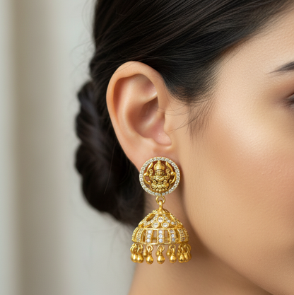 92.5 Silver Gold Plated Lakshmi Devi Jhumka Earrings for Women | Traditional Temple Style | Festive Jewellery