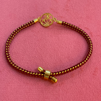 925 Silver Ganesha Rakhi for Brother | Gold Plated Circular Charm on Maroon Thread