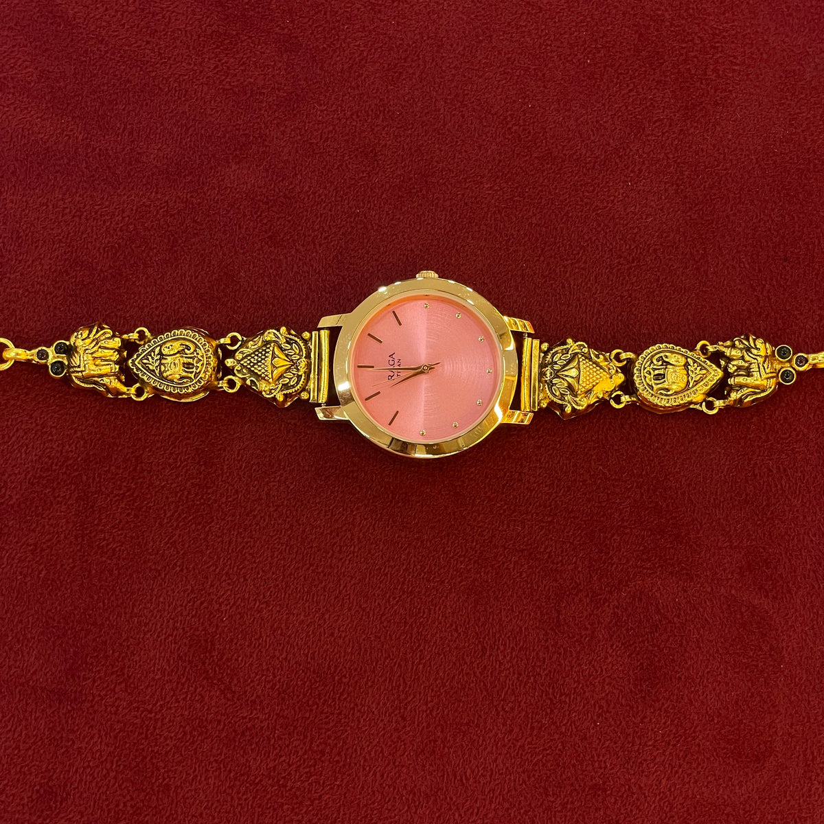 92.5 Silver Gold Plated Nakshi Pink Dial Watch for Women