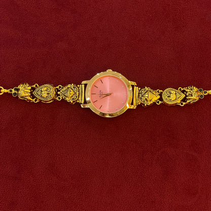 92.5 Silver Gold Plated Nakshi Pink Dial Watch for Women