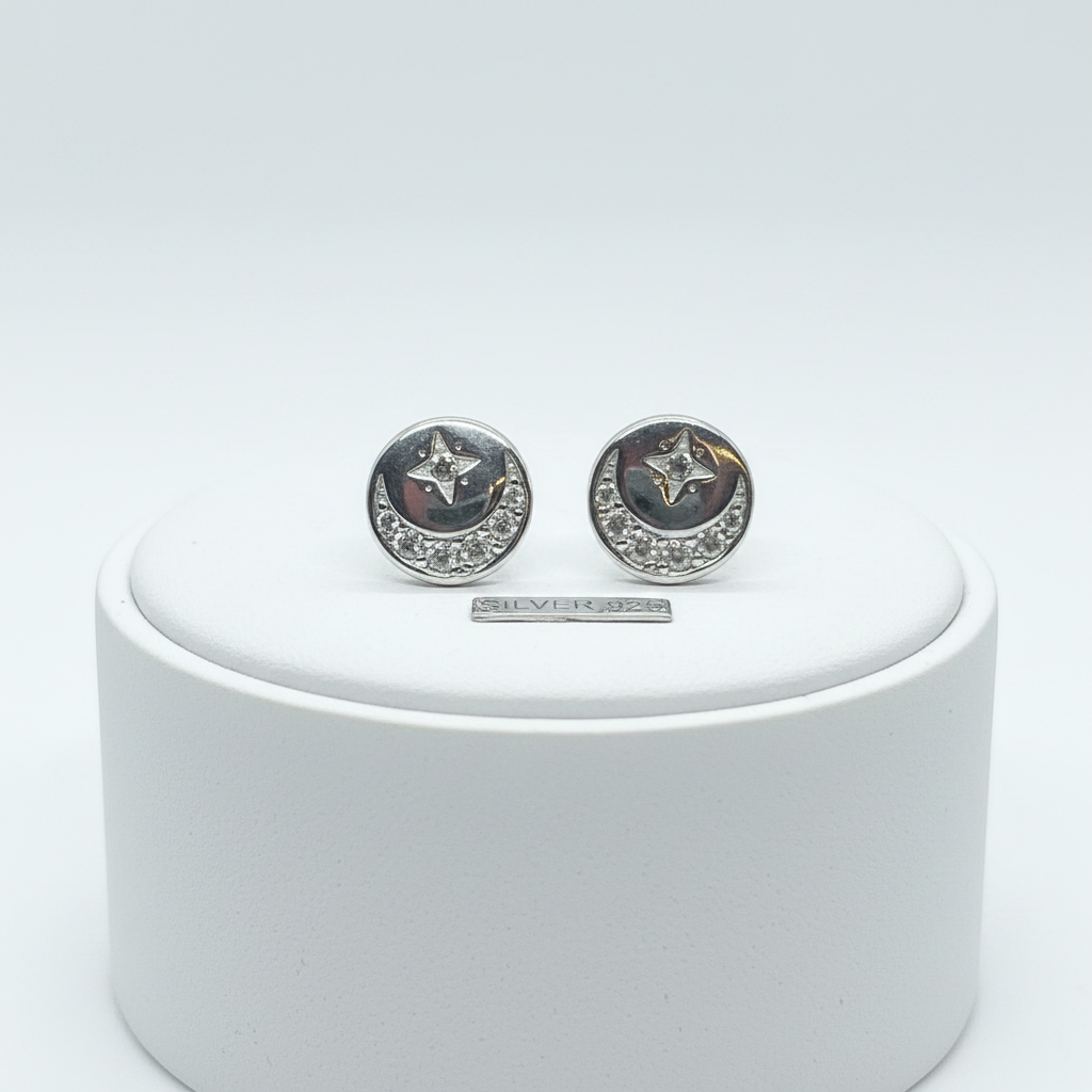 92.5 Sterling Silver CZ Crescent Moon & Star Disc Stud Earrings for Women | Celestial Moon Star Second Studs