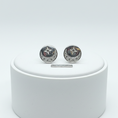92.5 Sterling Silver CZ Crescent Moon & Star Disc Stud Earrings for Women | Celestial Moon Star Second Studs