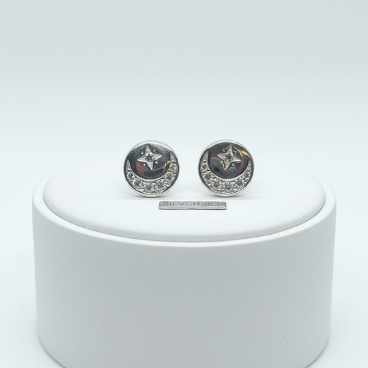 92.5 Sterling Silver CZ Crescent Moon & Star Disc Stud Earrings for Women | Celestial Moon Star Second Studs pair