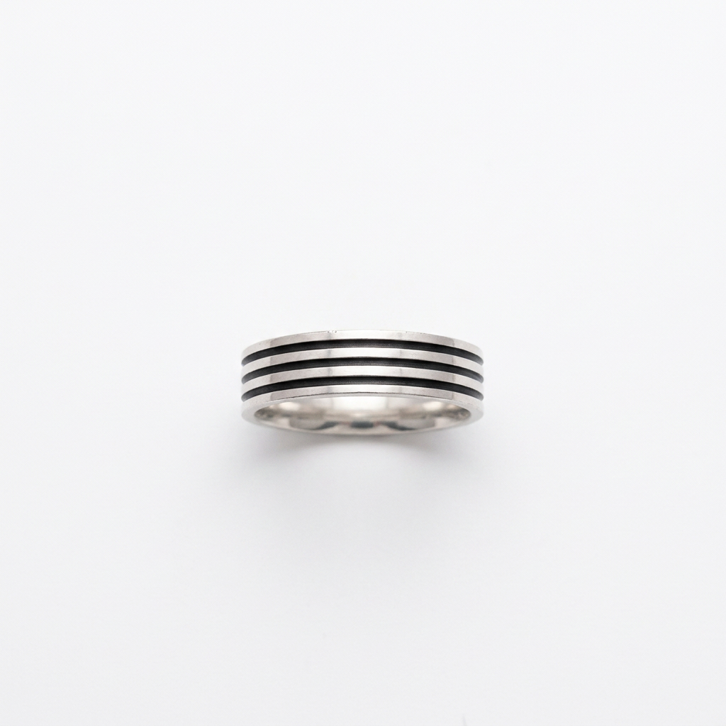 92.5 Silver Triple Black Stripe Band Ring for Men - Size 15