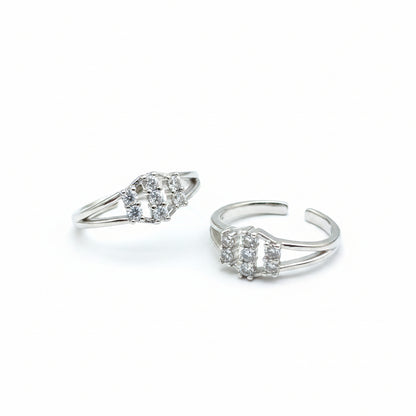 92.5 Sterling Silver CZ Double Row Cluster Open Toe Rings for Women — Pair