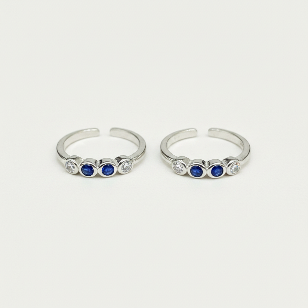 92.5 Sterling Silver Sapphire Blue & White CZ Four Stone Bezel Open Toe Rings for Women — Pair