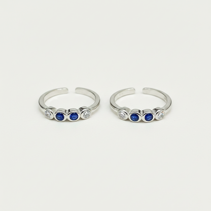 92.5 Sterling Silver Sapphire Blue & White CZ Four Stone Bezel Open Toe Rings for Women — Pair