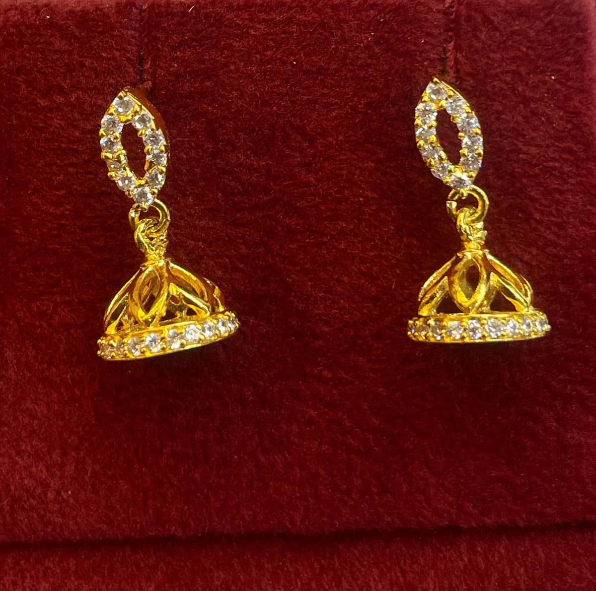92.5 Silver Gold Plated White CZ Oval Stud Jhumka Earrings for Women
