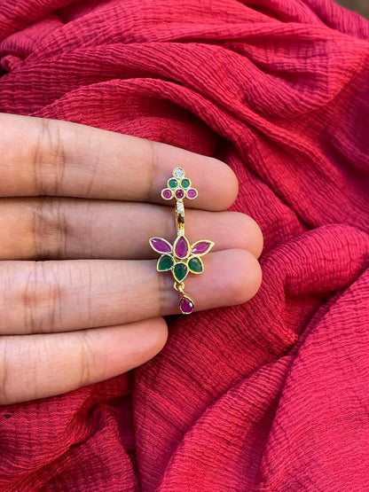 92.5 Silver Ruby Emerald Lotus Press-On Bugadi for Women | Temple Style Non-Piercing Ear Cuff | Traditional Jewellery