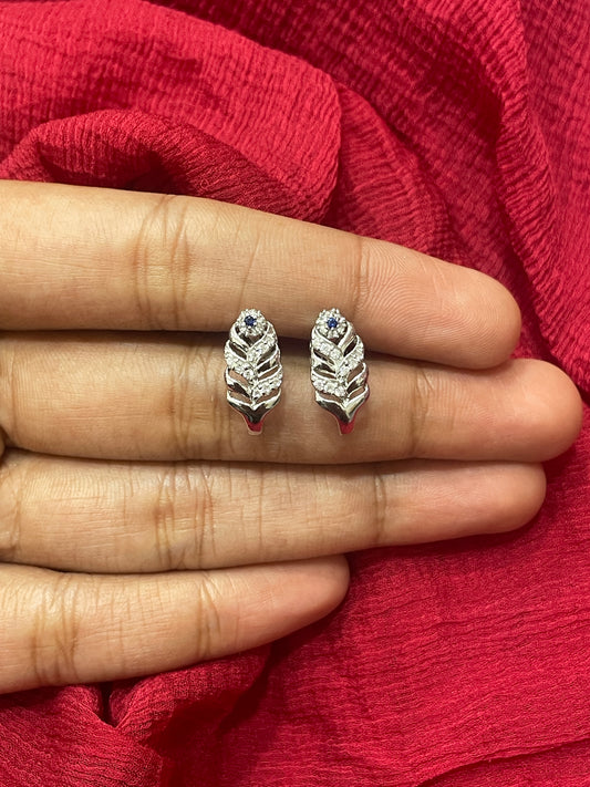 92.5 Silver CZ Blue Stone Leaf Earrings for Women | Elegant Floral Studs | Daily Wear Jewellery