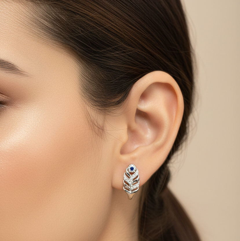 92.5 Silver CZ Blue Stone Leaf Earrings for Women | Elegant Floral Studs | Daily Wear Jewellery