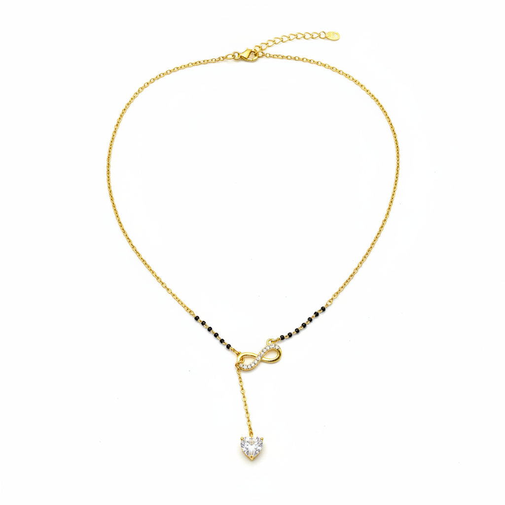 92.5 Sterling Silver Gold Plated CZ Infinity Heart Black Bead Chain