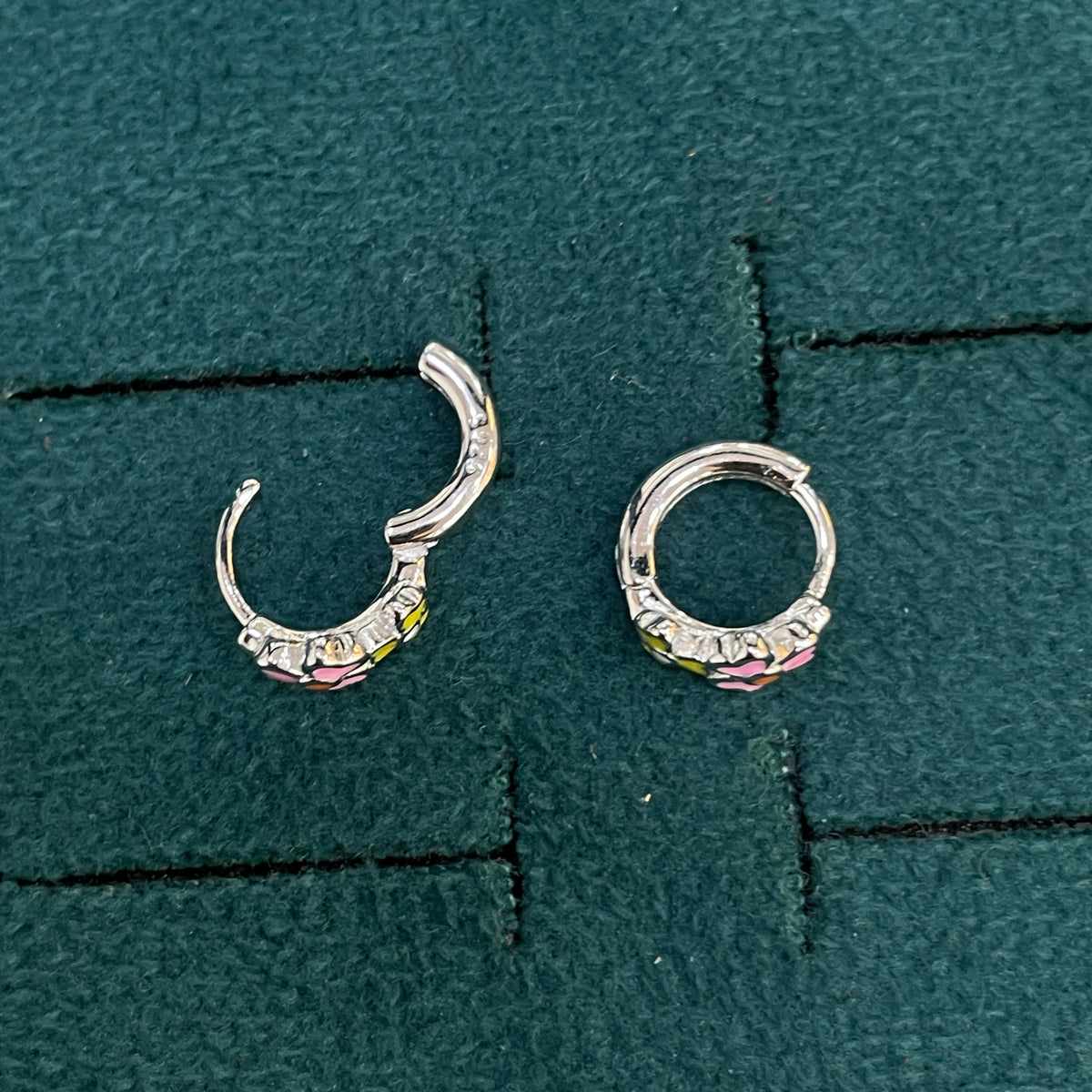 92.5 Silver Enamel Floral Huggie Hoop Earrings for Girls